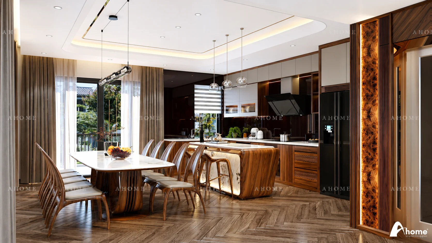 Bàn ăn hình bầu dục là sự kết hợp của bàn ăn hình tròn và bàn ăn hình chữ nhật