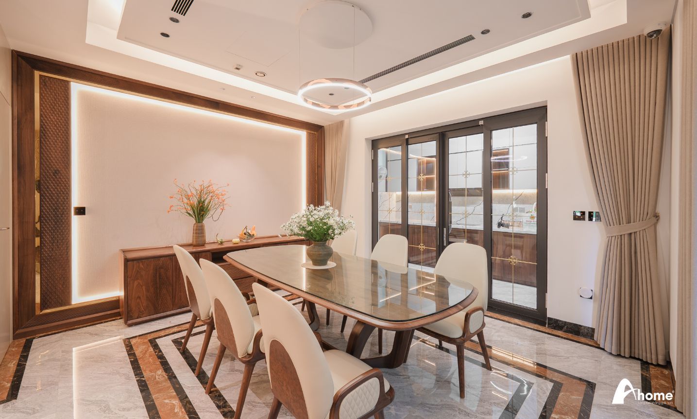 bàn ăn gỗ óc chó mặt đá oval kết hợp kính hiện đại