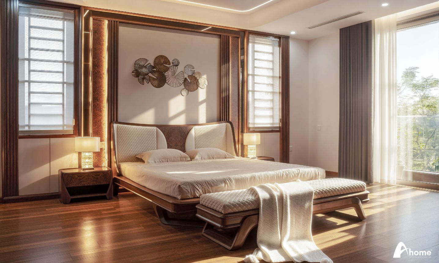 giường ngủ gỗ óc chó kết hợp ánh sáng tự nhiên