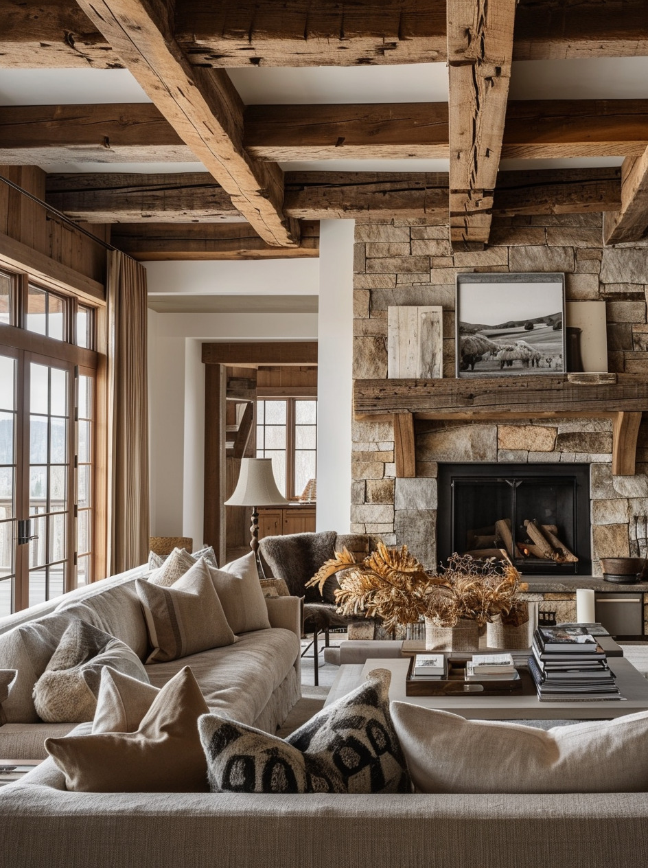 Thiết kế cổ điển sử dụng nhiều thanh gỗ lớn đặt trên trần nhà (Ảnh sưu tầm)