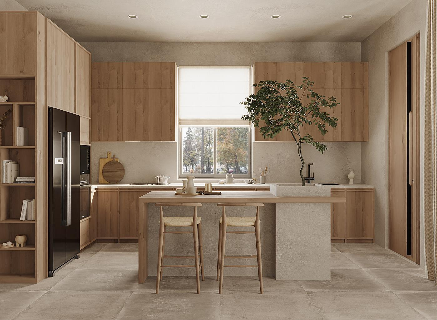 Nội thất phòng bếp theo Wabi Sabi thường có thiết kế đơn giản (Nguồn sưu tầm)