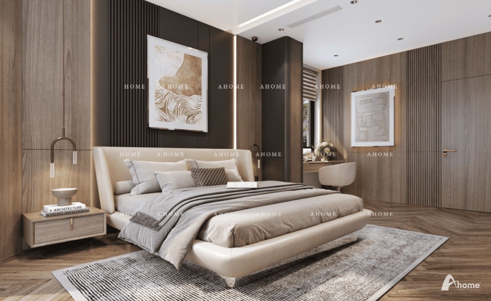 Mẫu thiết kế phòng ngủ nữ sử dụng gỗ óc chó tự nhiên