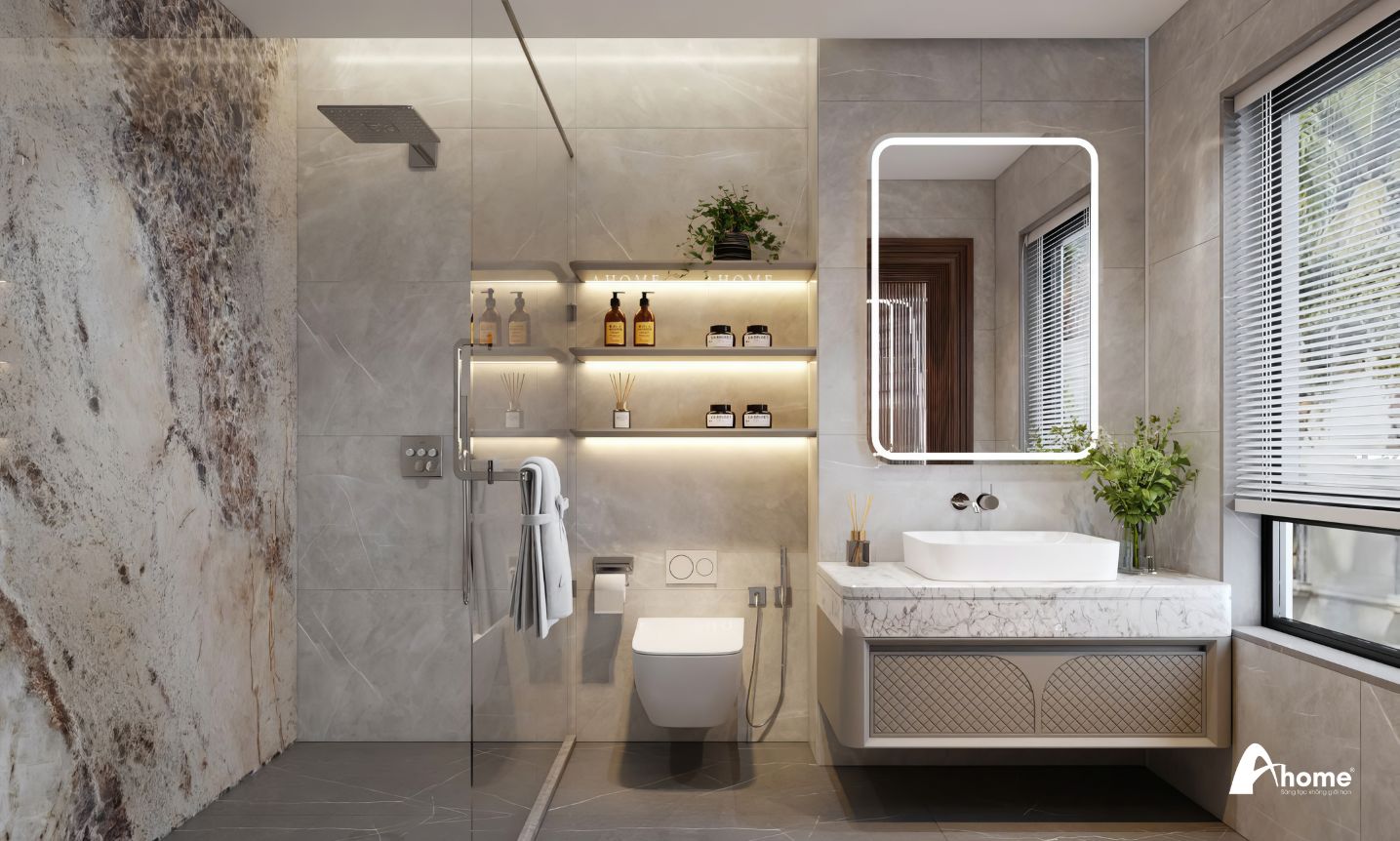 Phòng tắm tuy đơn giản nhưng vẫn đầy đủ tiện nghi