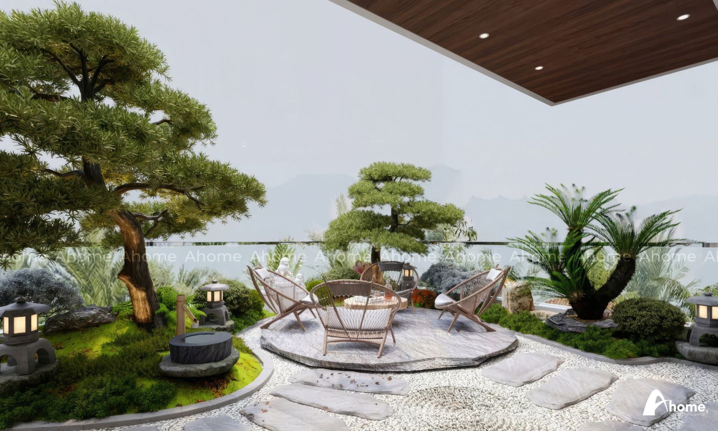 Thiết kế ban công đơn giản với cây cảnh và ghế ngồi