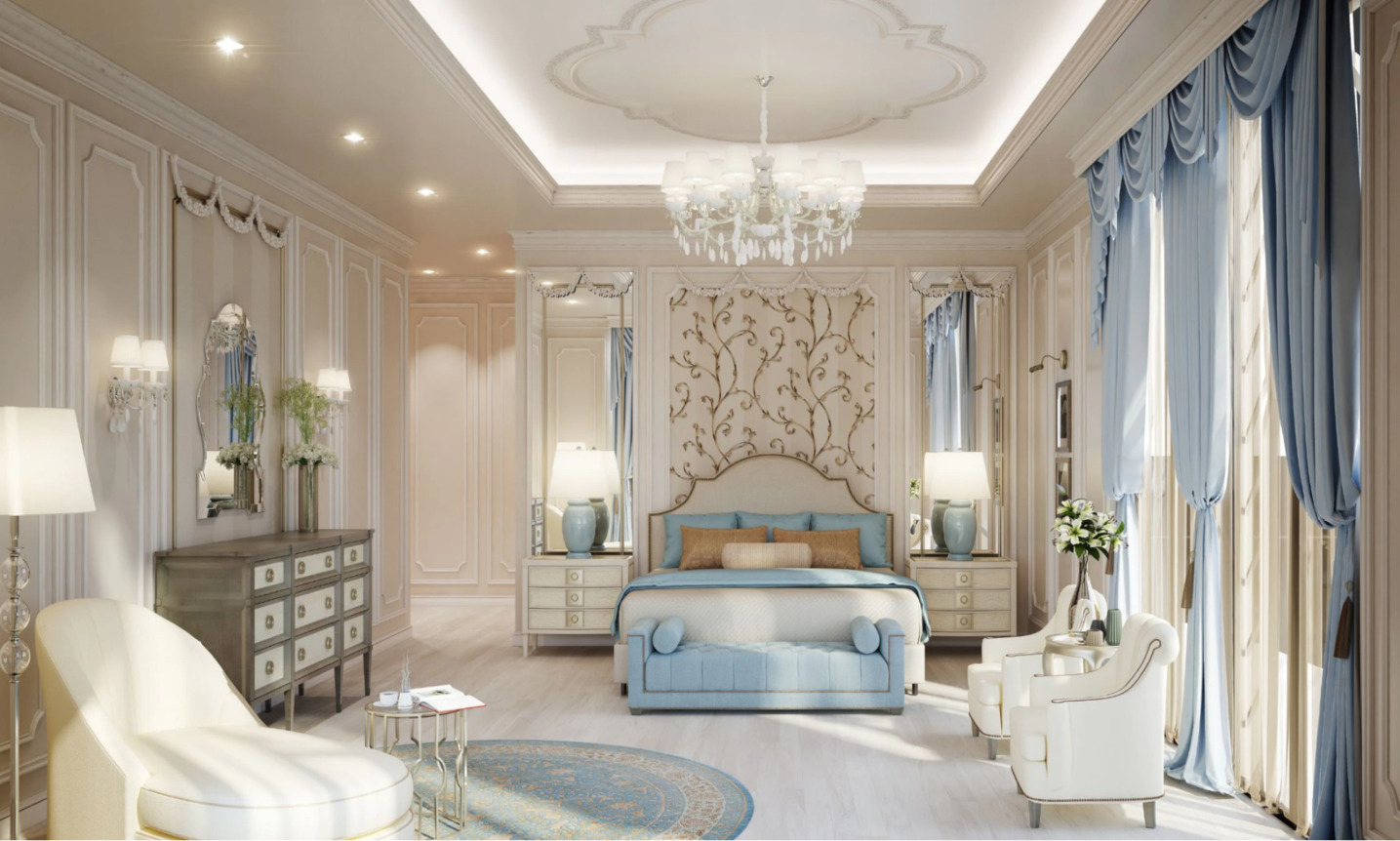 Phòng ngủ tân cổ điển sang trọng với gam màu xanh pastel và kem nhẹ nhàng (Nguồn: internet)