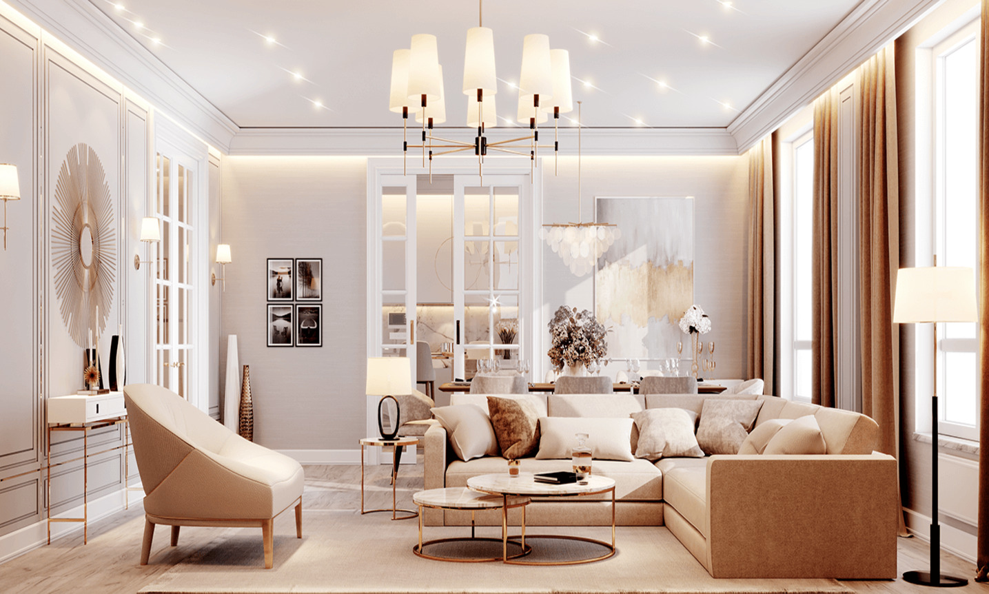 Phòng khách tân cổ điển với mẫu sofa màu pastel bắt mắt (Nguồn: internet)