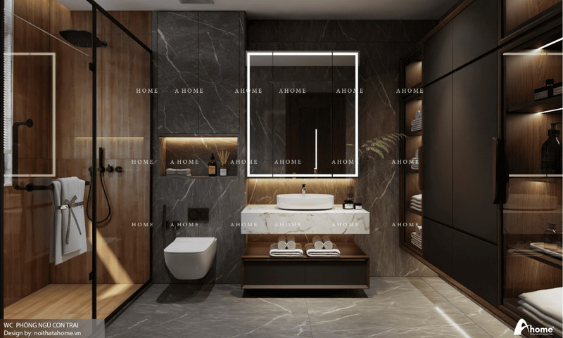 Sử dụng cửa kính kết hợp với chất liệu gỗ và đá kim cương cho khu vực toilet tăng tính thẩm mỹ