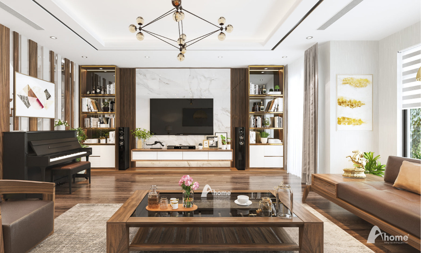Hệ thống đèn led âm trần và đèn chùm hiện đại được bố trí khéo léo trong phòng khách