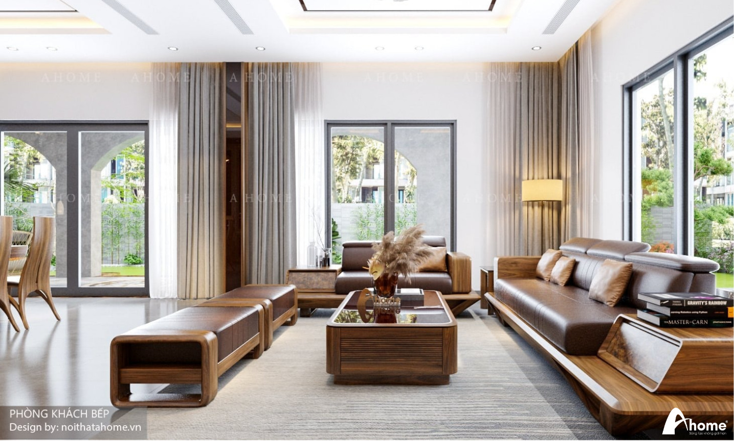 Phòng khách biệt thự được trang trí với sofa da và bàn trà gỗ óc chó tạo không gian ấm cúng