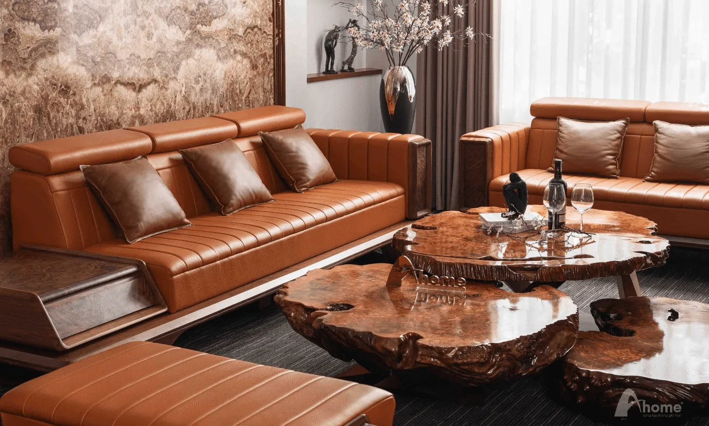 Thiết kế phòng khách với bàn trà sofa gỗ óc chó