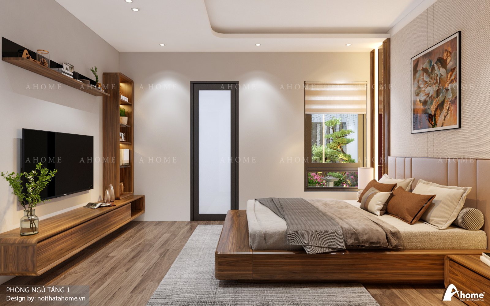 Mẫu thiết kế phòng ngủ cho ông bà với gỗ óc chó tự nhiên