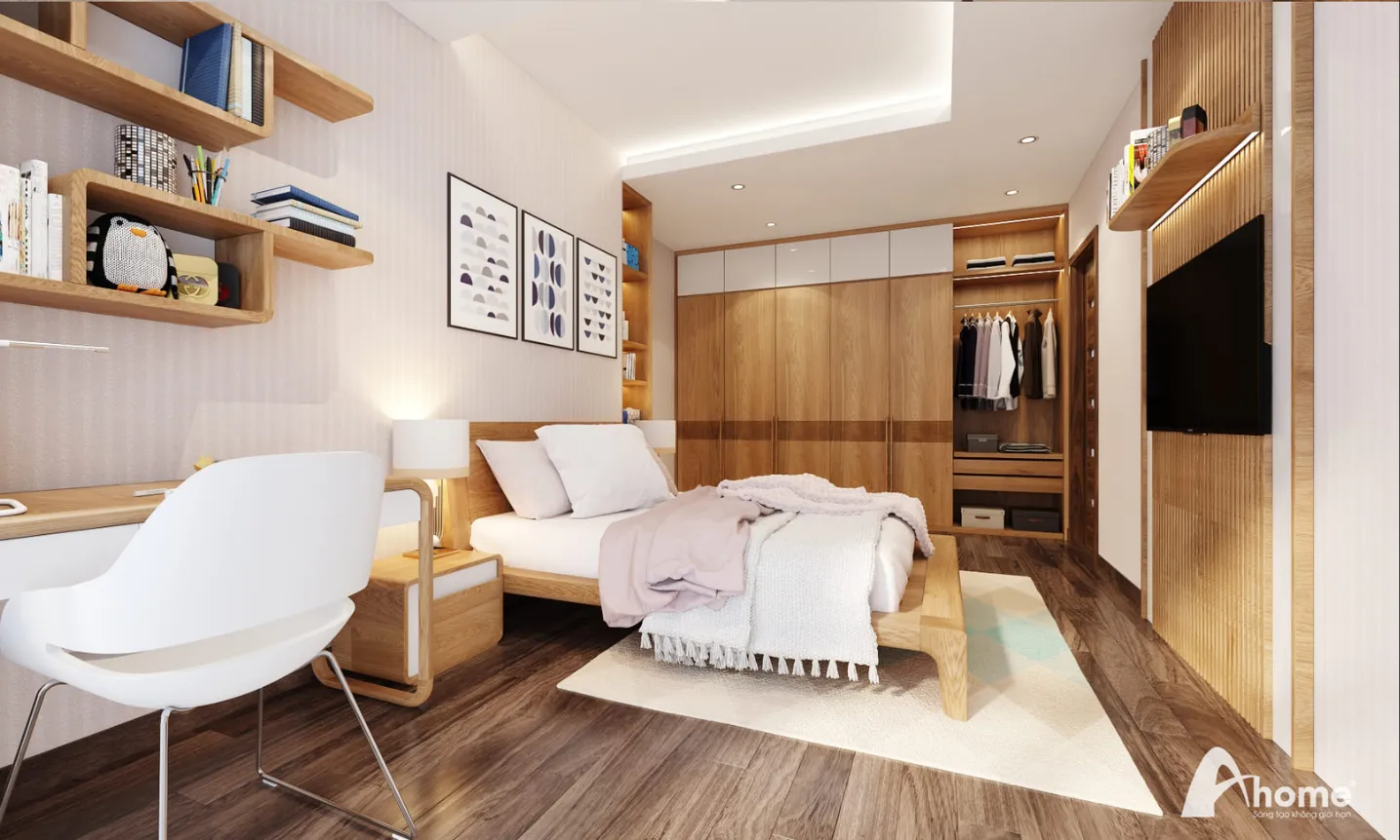 Phòng ngủ được thiết kế với tone màu sáng