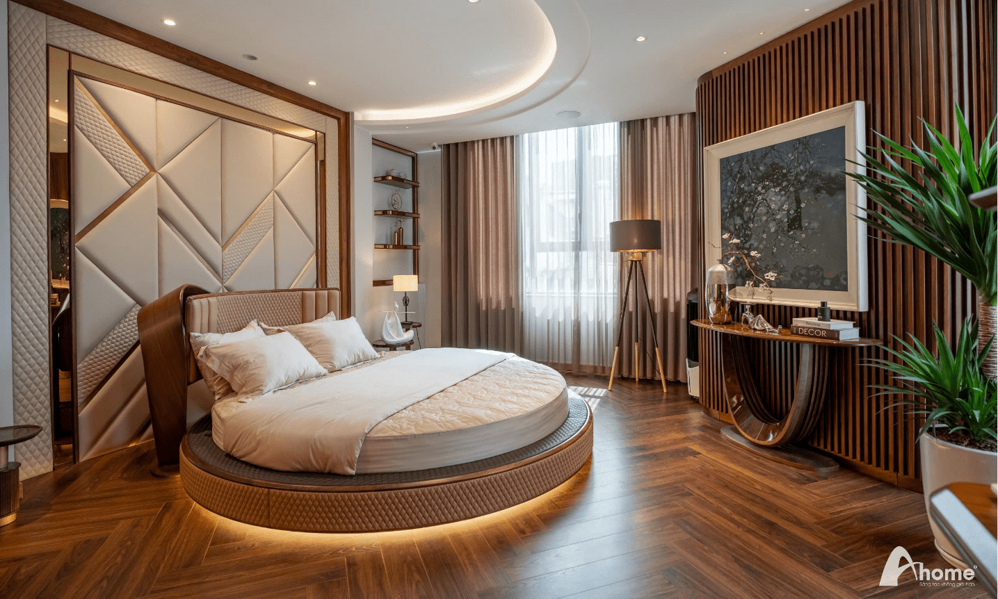 Mẫu giường tròn kết hợp với chất liệu da tạo nên không gian đẳng cấp