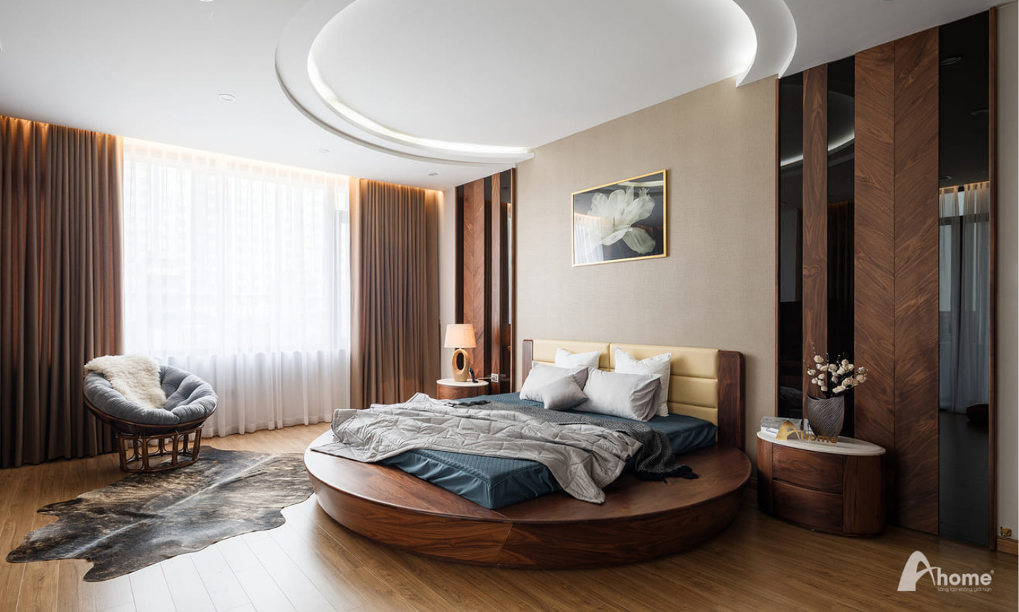 Mẫu thiết kế giường gỗ óc chó tròn sang trọng
