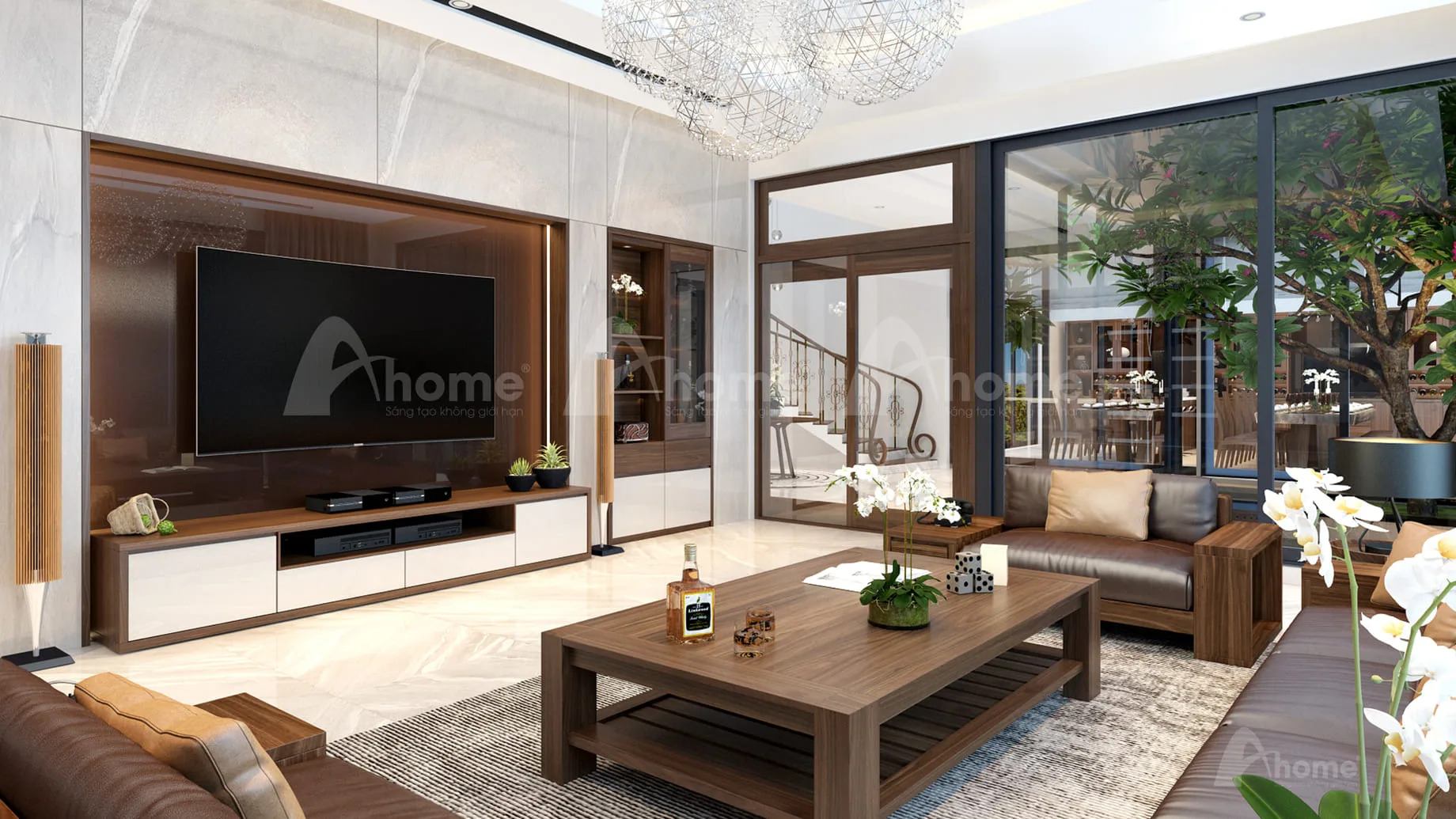 Phòng khách cao cấp với nội thất bằng gỗ óc chó