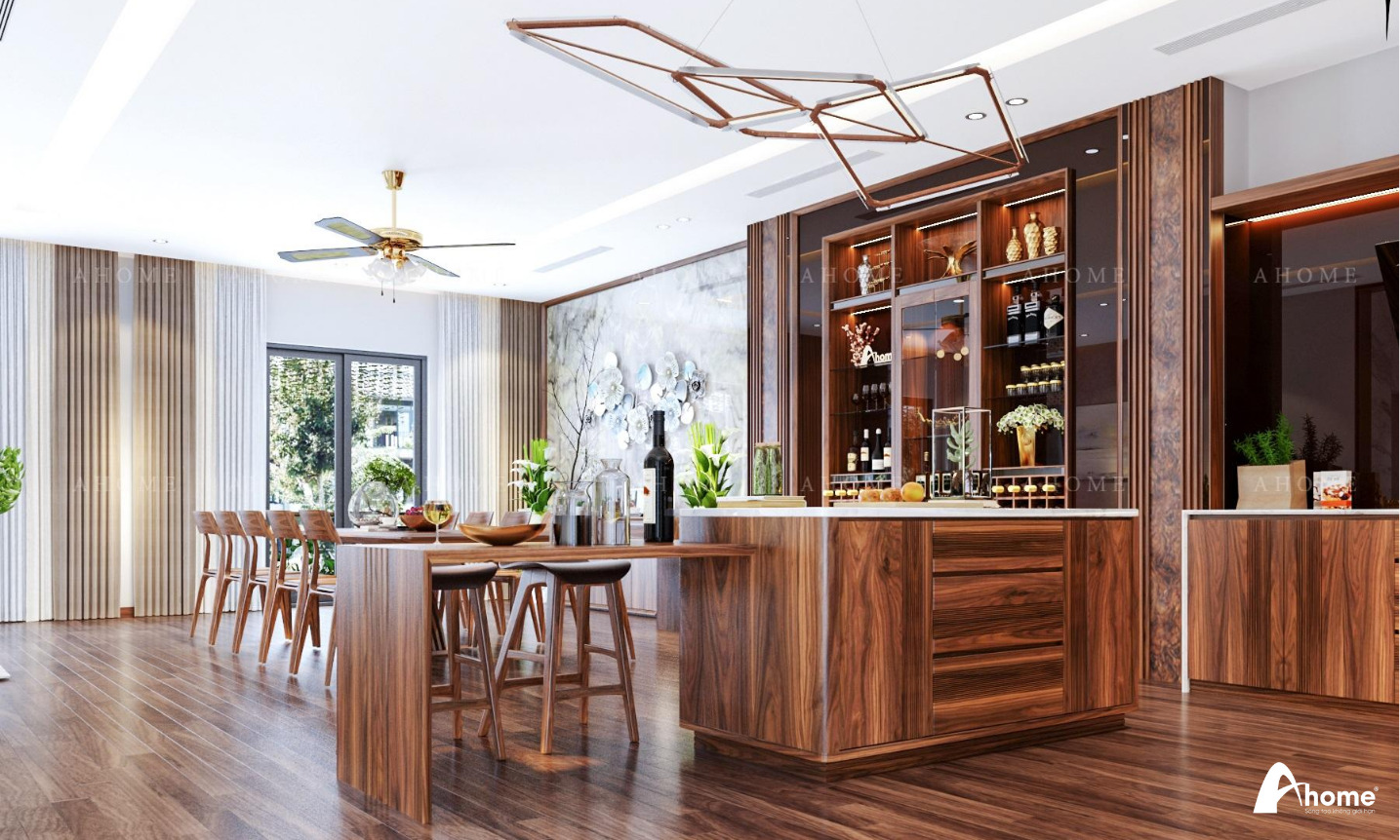 Tủ bếp và quầy bar rộng rãi cho gia đình đông thành viên